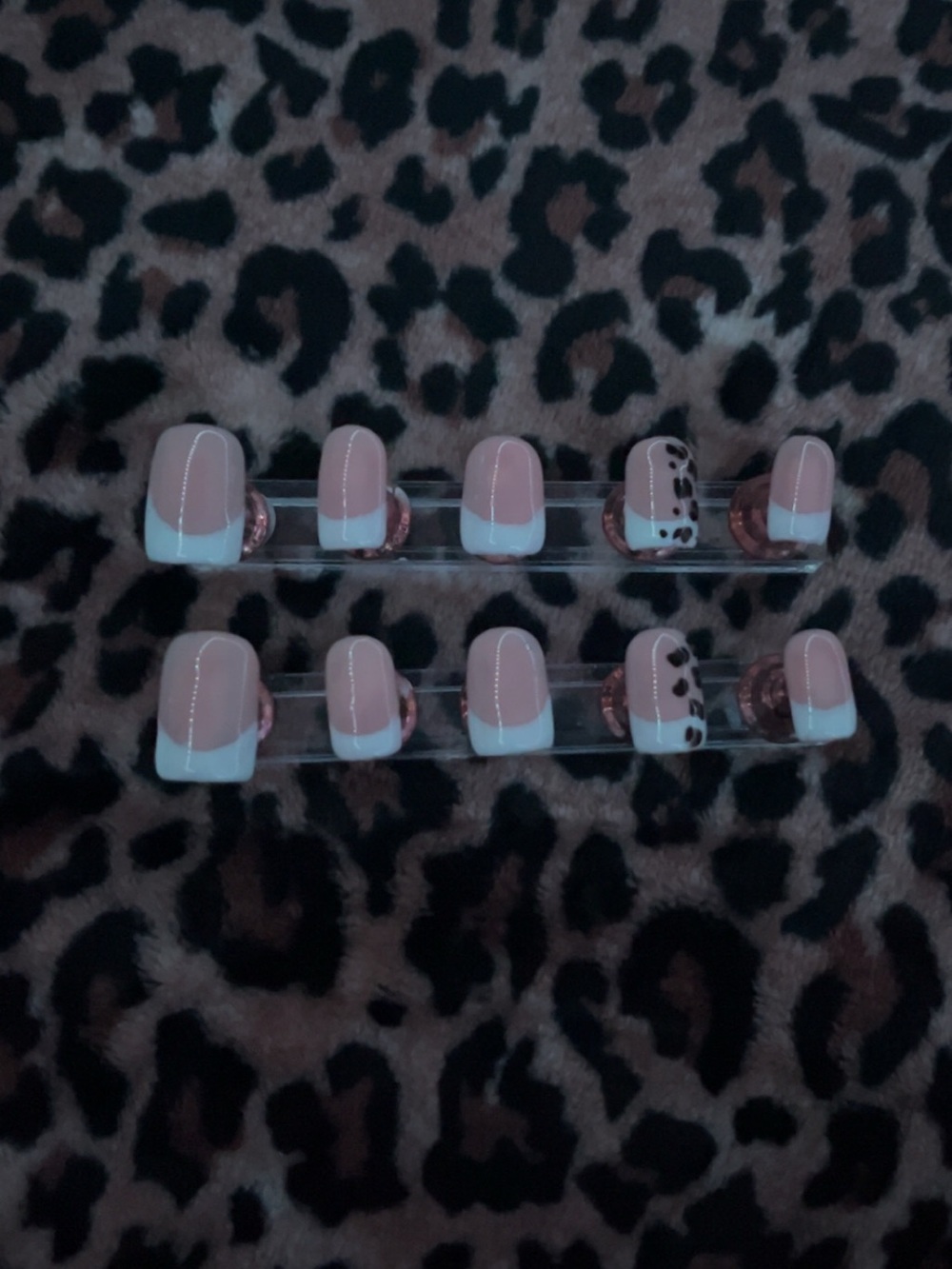Nude French Press-On Nails with White Tips and Leopard Accent
